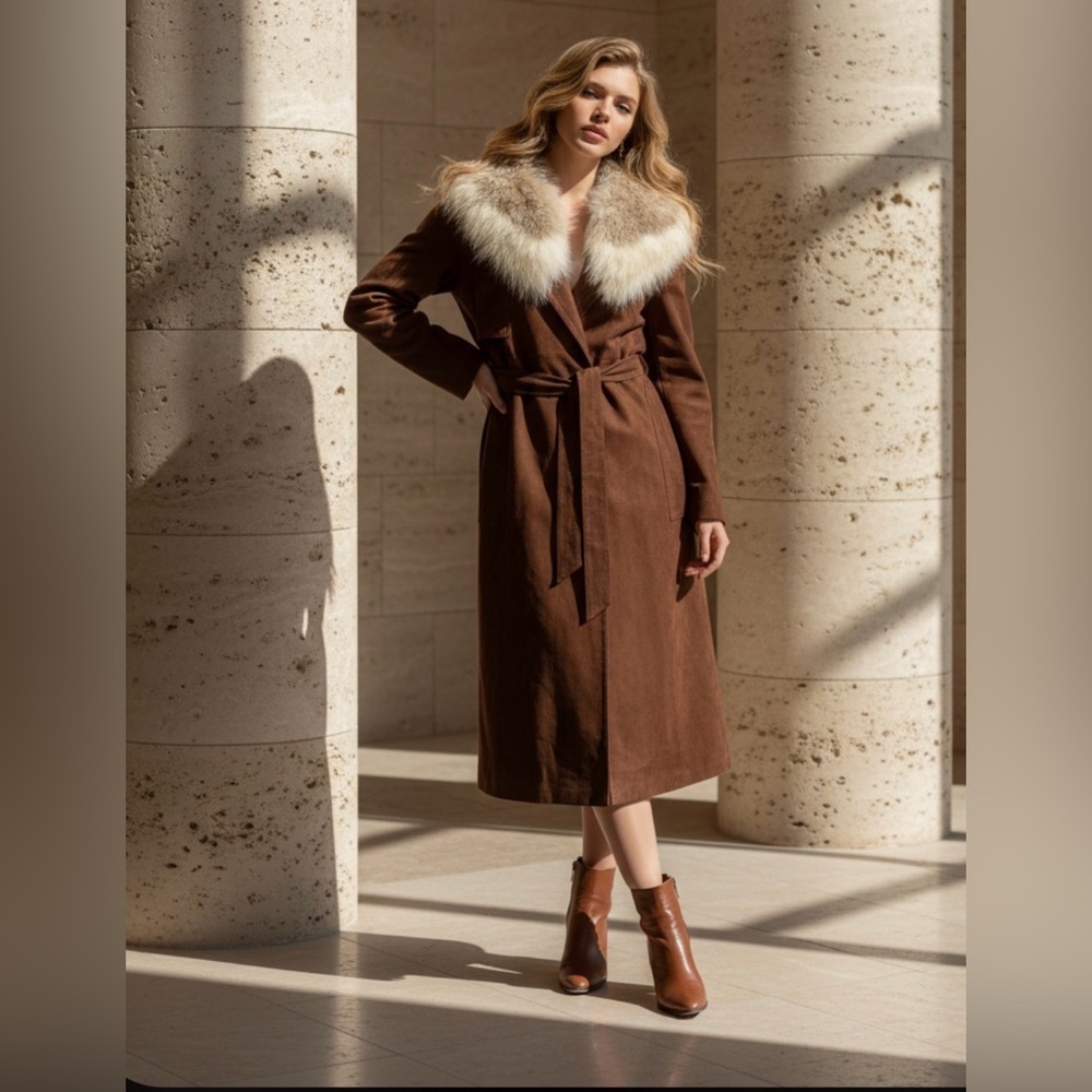 1970 Vintage Suede Elegant Brown Faux Fur Collar Coat
